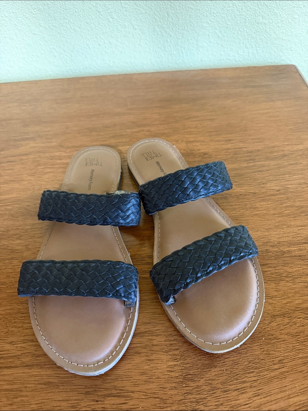 Time and Tru Black Braided Double-Strap Slide Sandals